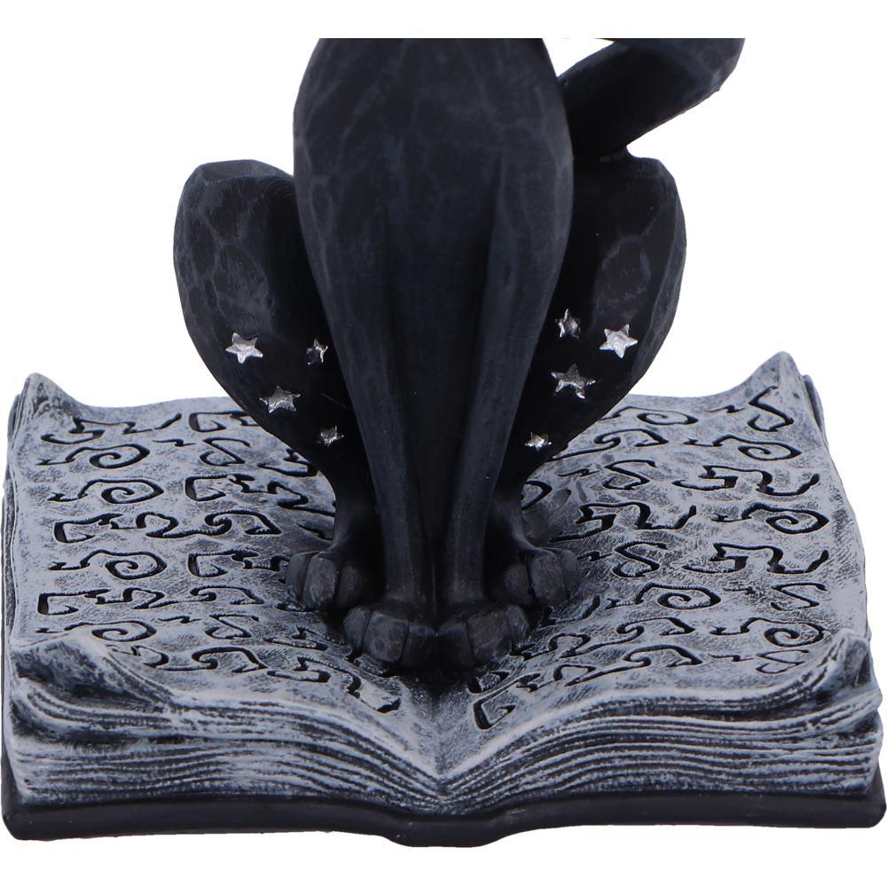 Mystical Gothic Black Cat Figurine on Open Spell Book Wiccan Altar Decor