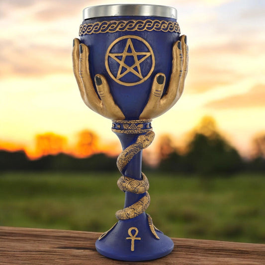 Pentagram Chalice with Serpent and Ankh Design Wiccan Goblet Altar Decor