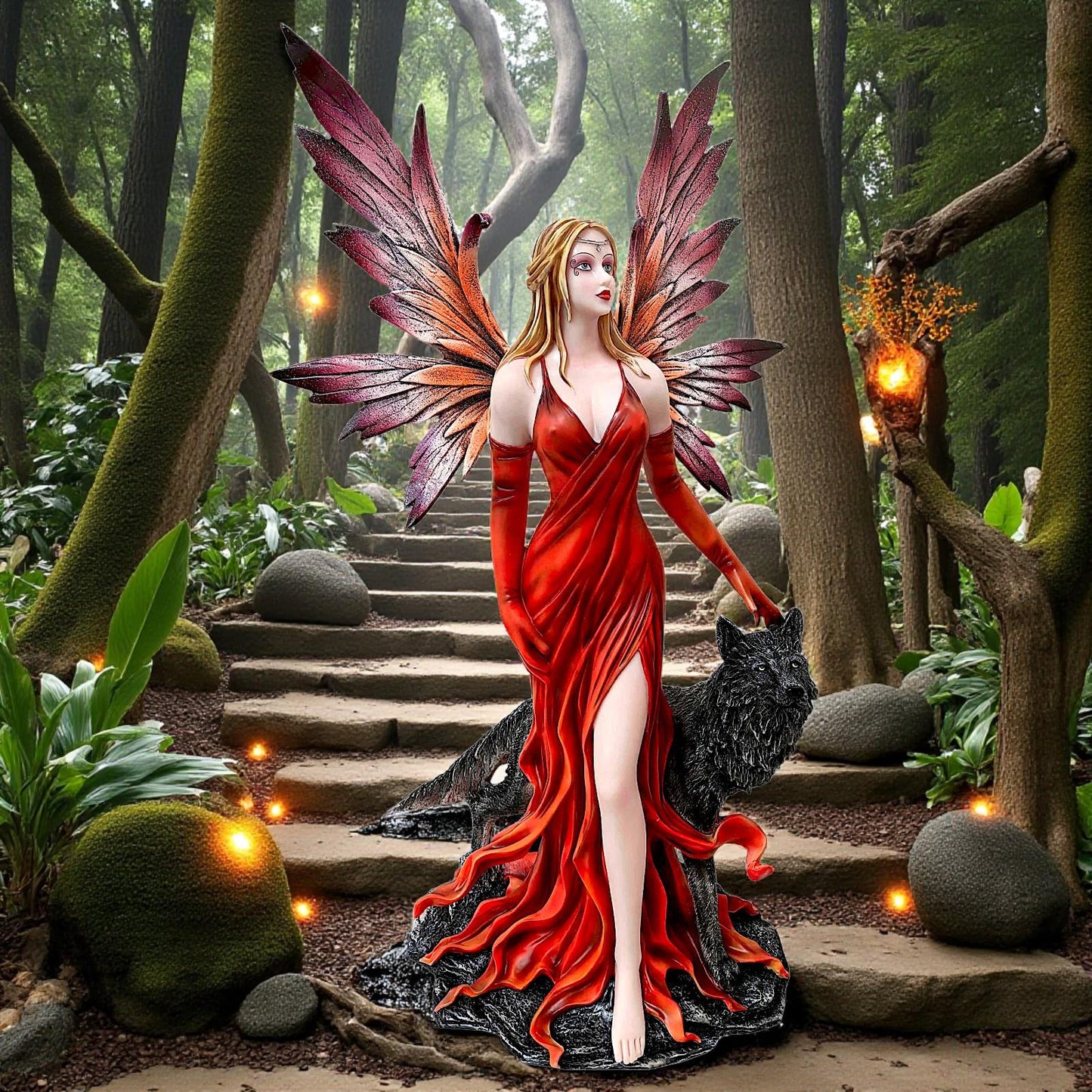 Fantasy Gothic Fairy with Wolf Figurine Wiccan Statue Mythical Collectible Sculpture