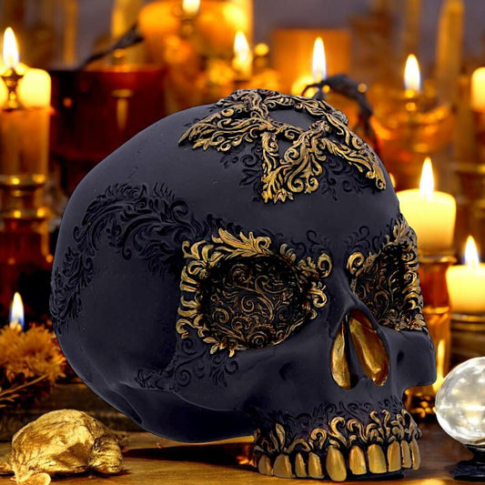 Pentagram Black and Gold Skull Ornament – Gothic Home Décor with Intricate Design