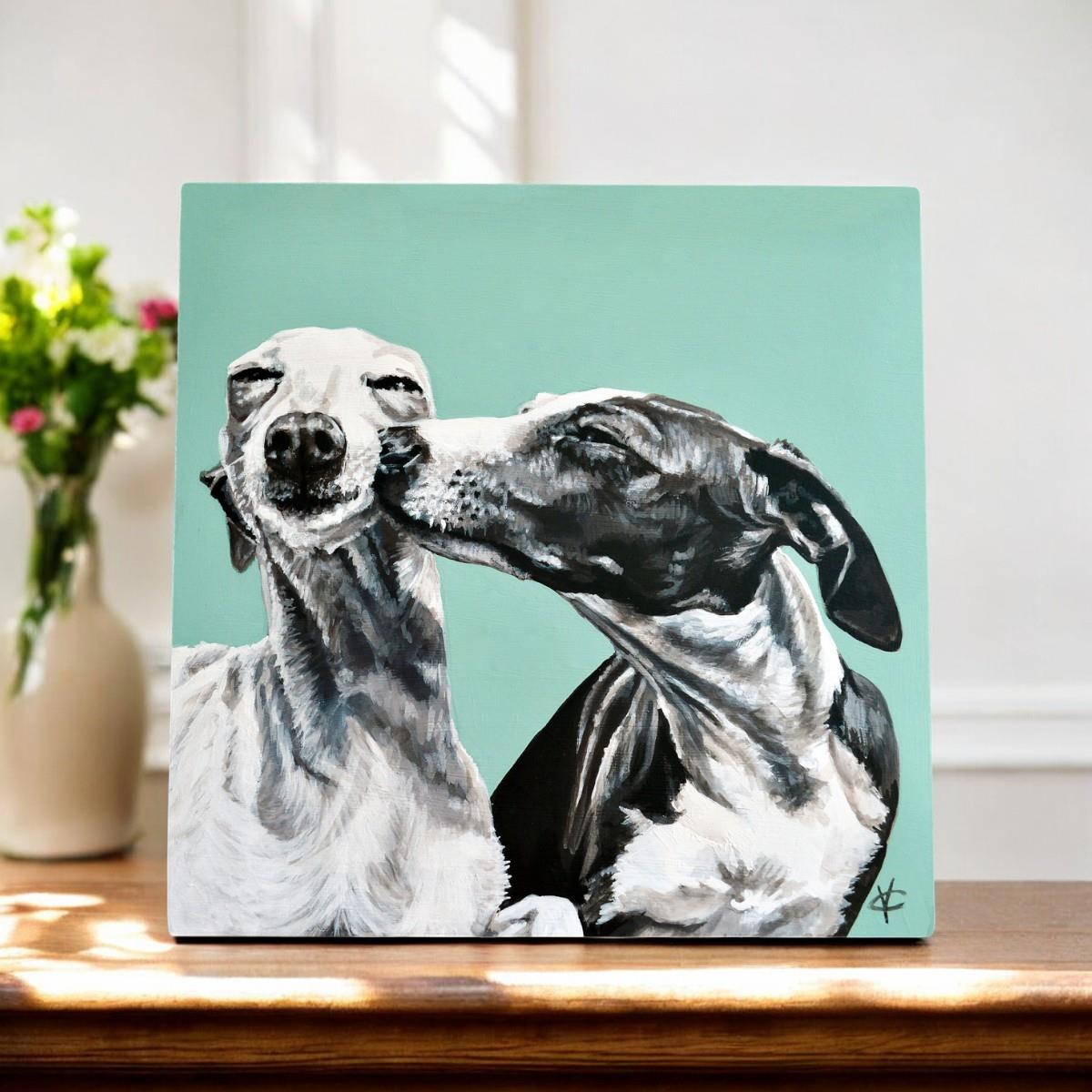 The Kiss Greyhound Dog Art Ceramic Tile 20x20 cm by Victoria Coleman - Unique Home Decor, Ready to Hang Description: Brin-Osiris Craftworks