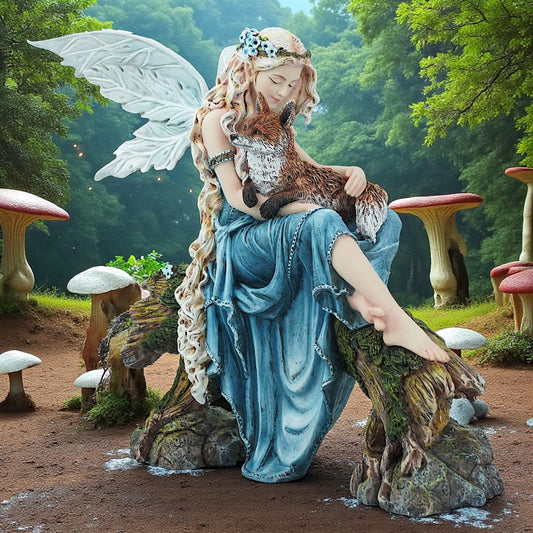 Woodland Fairy Figurine with Fox Fantasy Mythical Resin Statue Home Decor