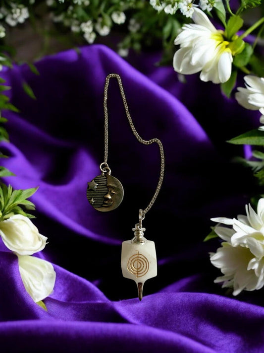 White Agate Reiki Pendulum with Cho Ku Rei Symbol & Moon Charm | Dowsing Divination Tool