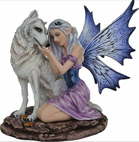 Fairy with White Wolf Figurine | 16.5cm Resin Fantasy Sculpture