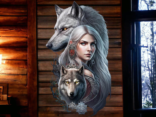 Mystic Wolf Spirit Metal Wall Sign - Enchanting She-Wolf & Warrior Art, Silver Embossed Fantasy Wall Decor-Osiris Craftworks