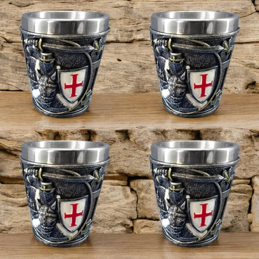 Medieval Knight Templar Shot Glass Set - Resin and Stainless Steel Drinkware Decor