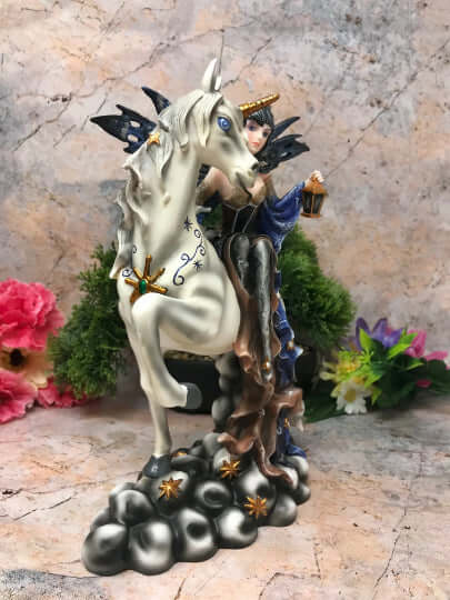 Blue Winter Fairy Riding Unicorn Display Figurine Statue Ornament