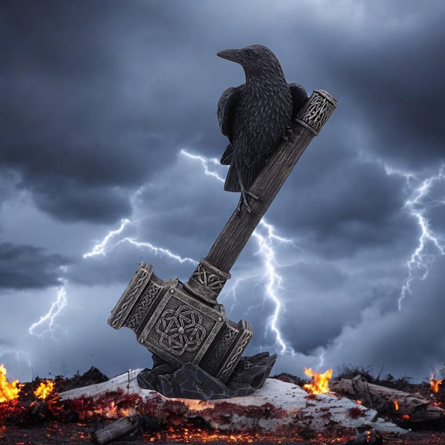 Thor's Hammer with Raven Viking Figurine Norse Mythology Valhalla Statue 23cm