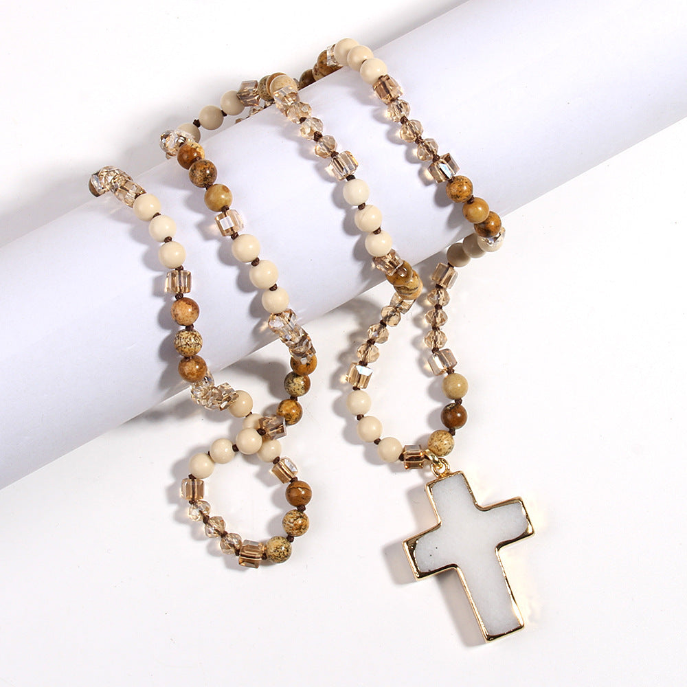 Fashion Bohemian Style Natural Stone Mixed Glass Cross Sweater Chain