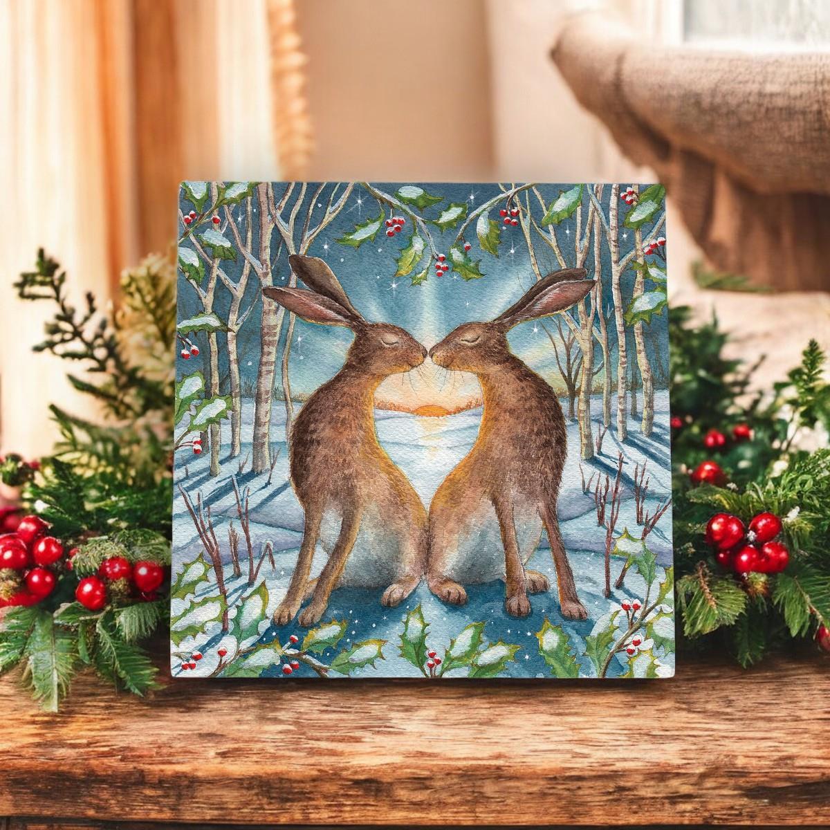 Loving The Yule Dawn Ceramic Art Tile by Wendy Andrew 20x20cm | Ready to Hang | Beautiful Winter Hare Artwork