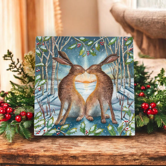 Loving The Yule Dawn Ceramic Art Tile by Wendy Andrew 20x20cm | Ready to Hang | Beautiful Winter Hare Artwork