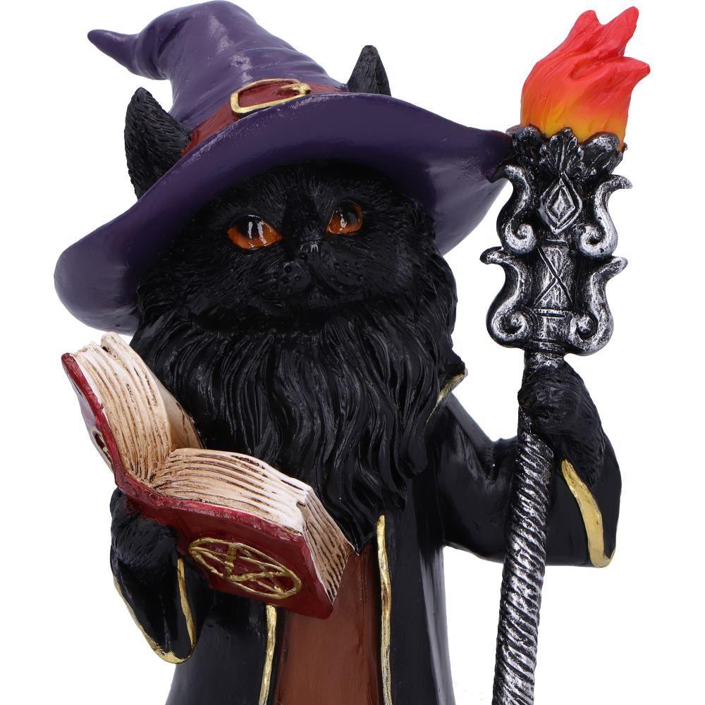 Black Wizard Cat Figurine Mystic Witchcraft Statue Fantasy Gothic Spellcaster Ornament