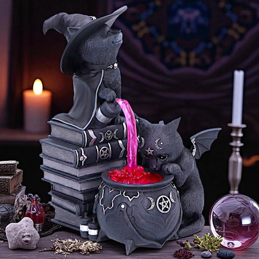 Gothic Curious Cauldron Figurine Cult Cuties Cats Brewing Magic Occult Ornament