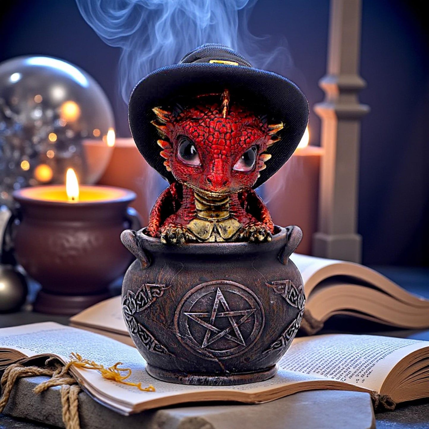 Red Dragon in Cauldron Figurine Gothic Witchcraft Fantasy Magical Creature Gift