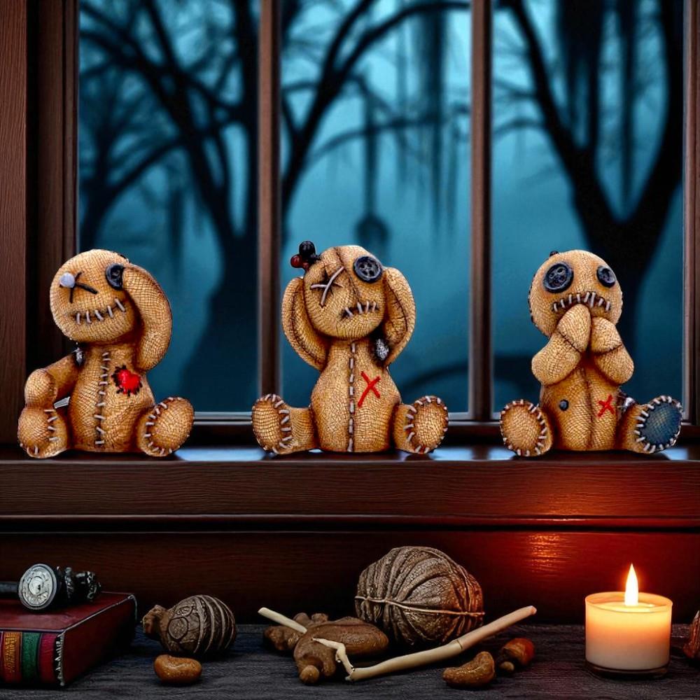 Gothic Voodoo Doll Figurine Hear No See No Speak No Evil Quirky Gift Boxed