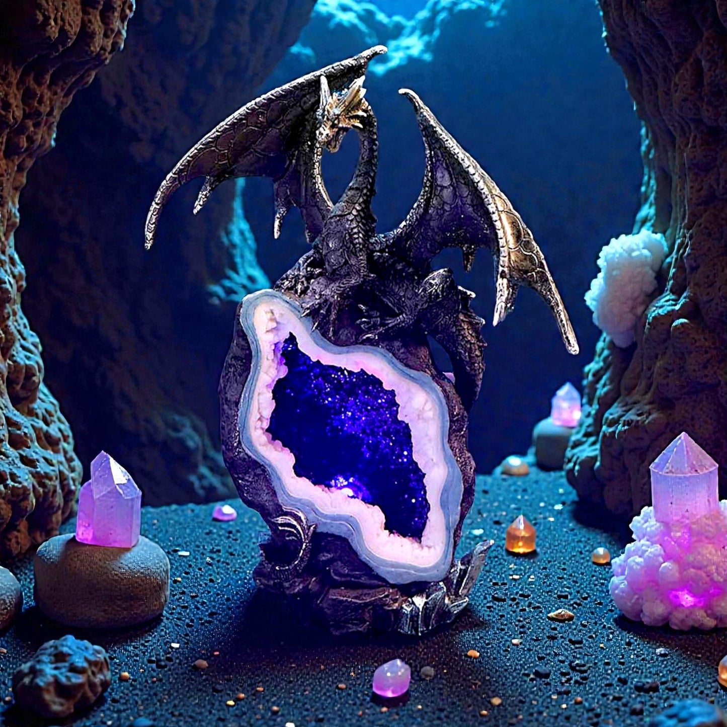 Midnight Custodian Light Up Dragon Statue LED Fantasy Geode Dragon Ornament