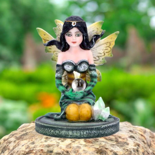 Crystal Fairy Jade Figurine | Enchanting Resin Fairy Statue with Crystal Ball & Gemstones | Fantasy Decor Collectible 9 cm - New