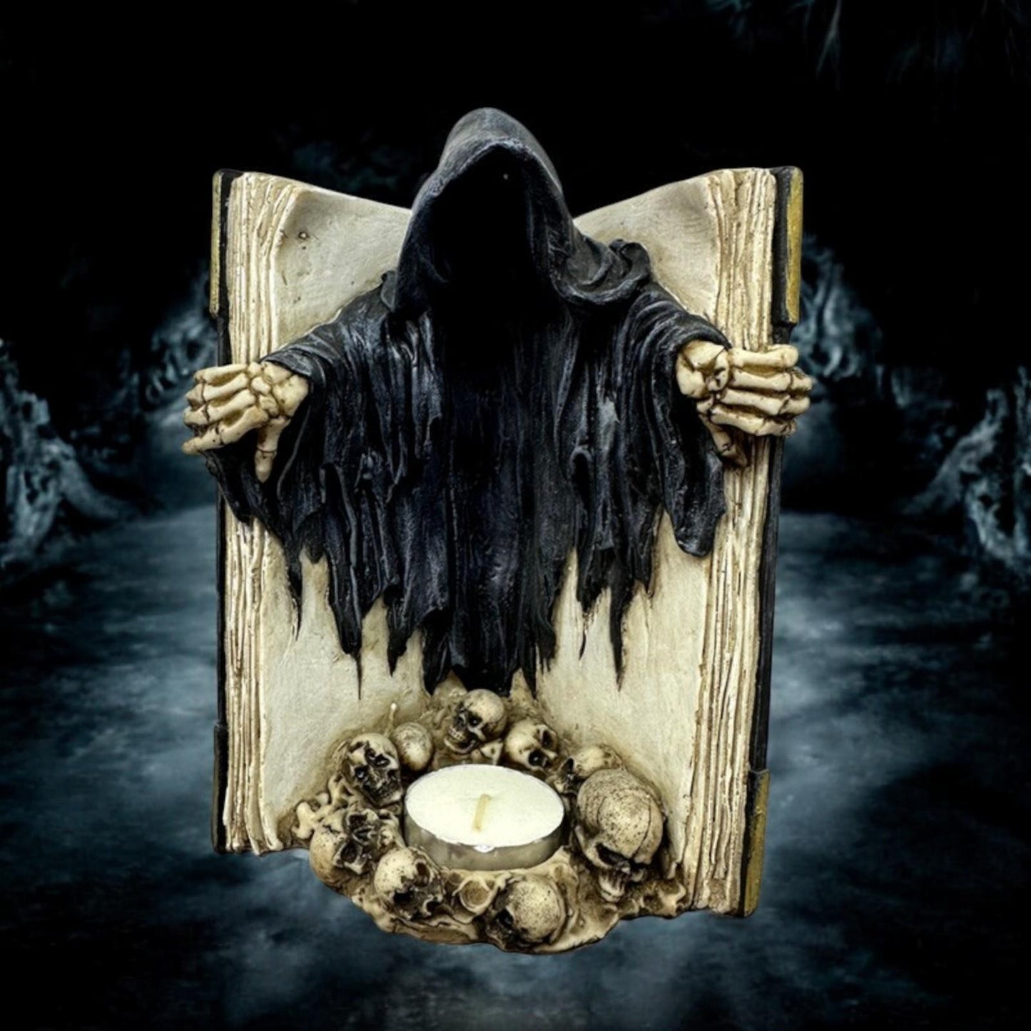 Book of the Dead Tea Light Holder Gothic Reaper Candle Figurine Halloween Decor