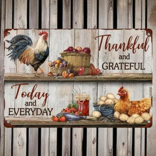 Thankful Grateful Farmhouse Wall Sign Metal Plaque Chicken Rustic Country Kitchen Decor
