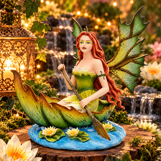 Fairy in Leaf Boat Ornament Flower Water Lily Woodland Fantasy Figurine 20.5cm