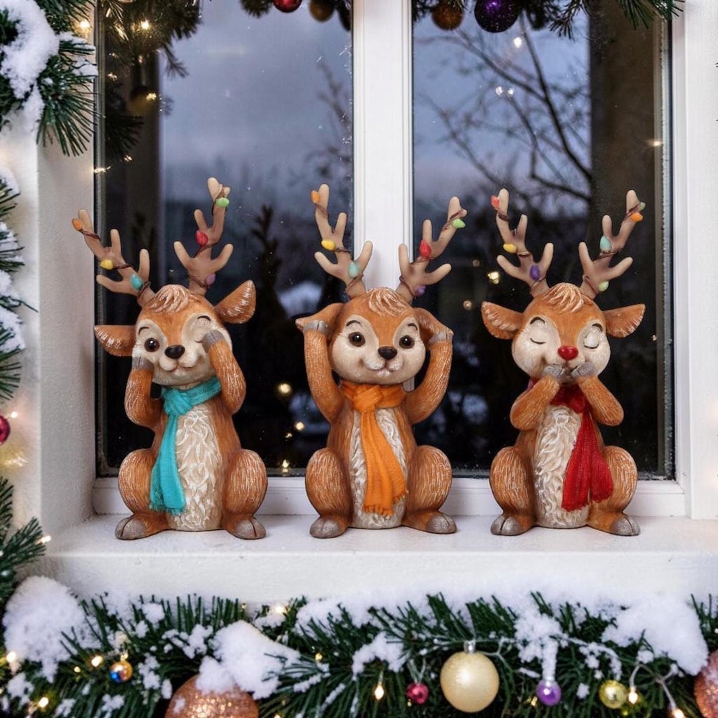 Christmas Reindeer Ornaments Set 3 See Hear Speak No Evil Festive Figures Gifts