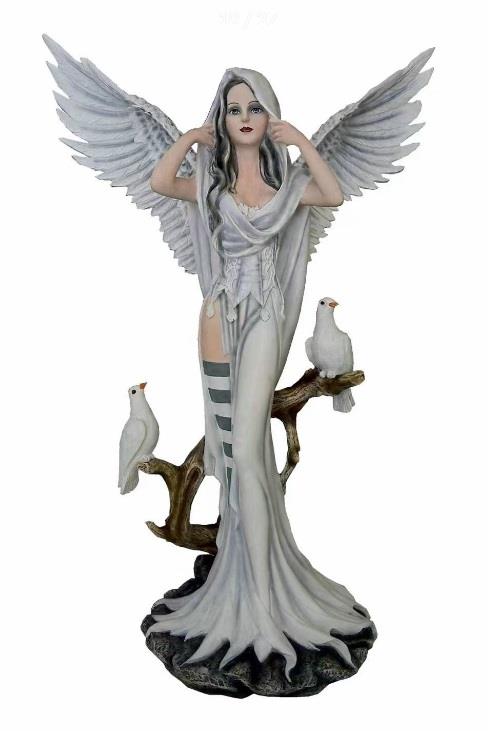 Fantasy Gothic White Angel Statue Figurine Ornament Sculpture – Large Resin Winged Lady with Birds 62cm