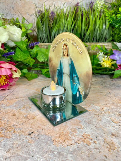 Sacred Our Lady of Grace Glass Candle Holder, Religious Votive Stand, Spiritual Table Decor, Christian Prayer Altar, Blessed Virgin Mary