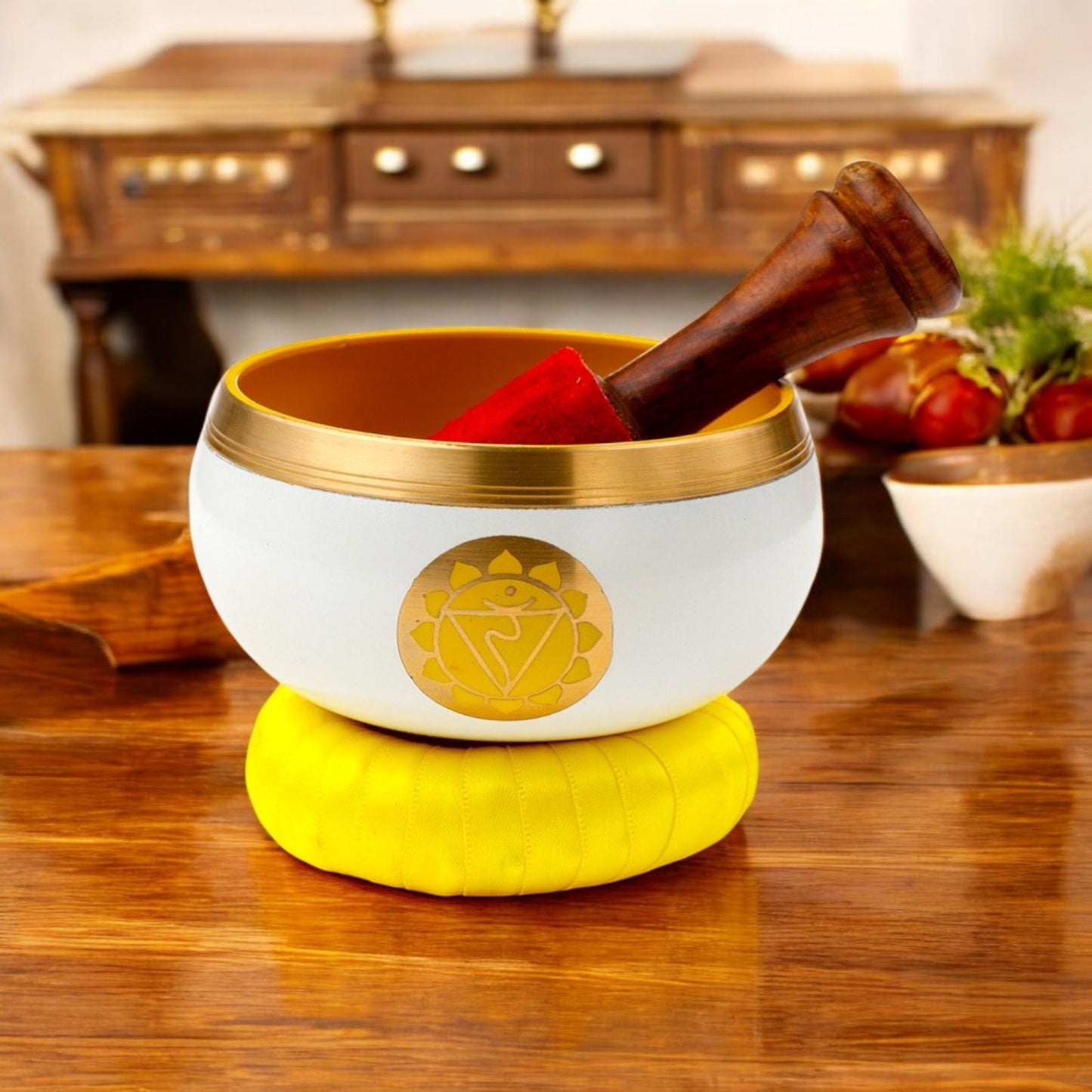 Yellow Chakra Singing Bowl Set – Meditation Sound Bowl with Mallet and Cushion