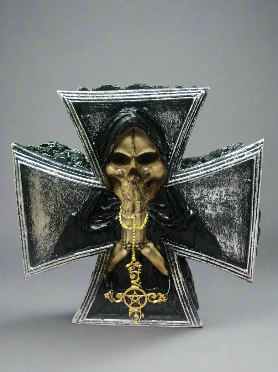 Dark Gothic Fallen Angel of Death Cross Trinket Box - Occult Grim Reaper Figure - Handmade Cold Cast Resin Mythical Decor