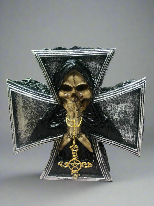 Dark Gothic Fallen Angel of Death Cross Trinket Box - Occult Grim Reaper Figure - Handmade Cold Cast Resin Mythical Decor