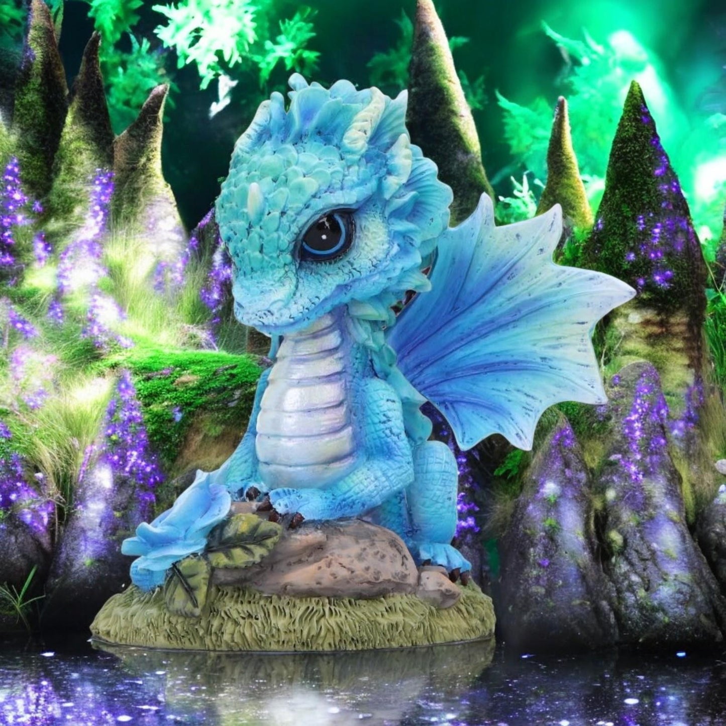 Blue Baby Dragon Figurine 11cm – Fantasy Resin Ornament with Rose & Glitter Wings