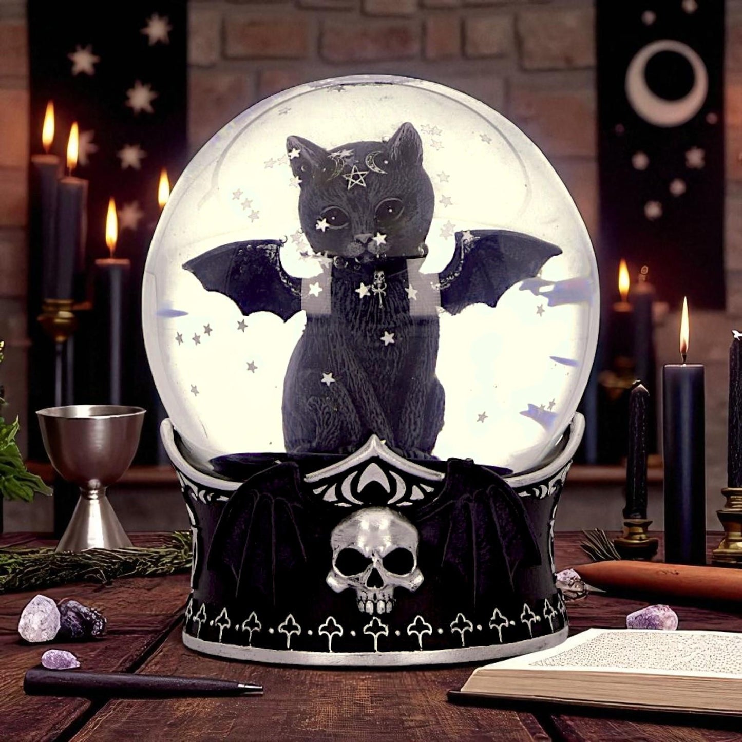 Gothic Malpuss Snow Globe Cult Cuties Winged Cat Figurine Witchy Occult Decor
