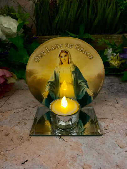 Sacred Our Lady of Grace Glass Candle Holder, Religious Votive Stand, Spiritual Table Decor, Christian Prayer Altar, Blessed Virgin Mary