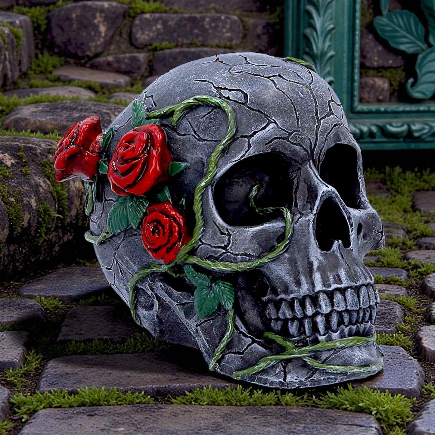 Gothic Skull with Roses Figurine Floral Vine Dark Fantasy Ornament Sculpture Art