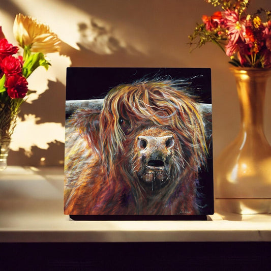 COLIN HIGHLAND COW Ceramic Art Tile by Pankhurst Gallery - 20x20 cm - Ready to Hang on Wall