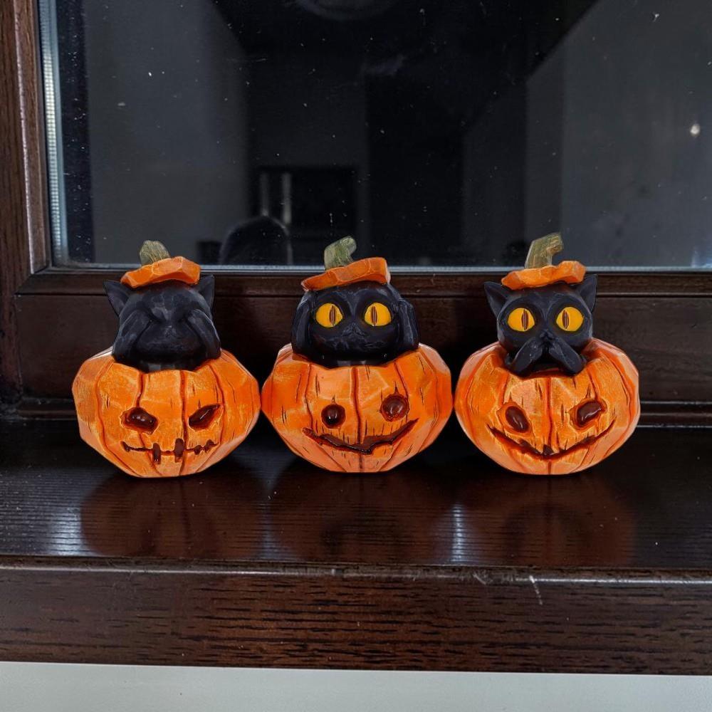 Black Cat Pumpkin Ornaments Set 3 See Hear Speak No Evil Gothic Halloween Figures