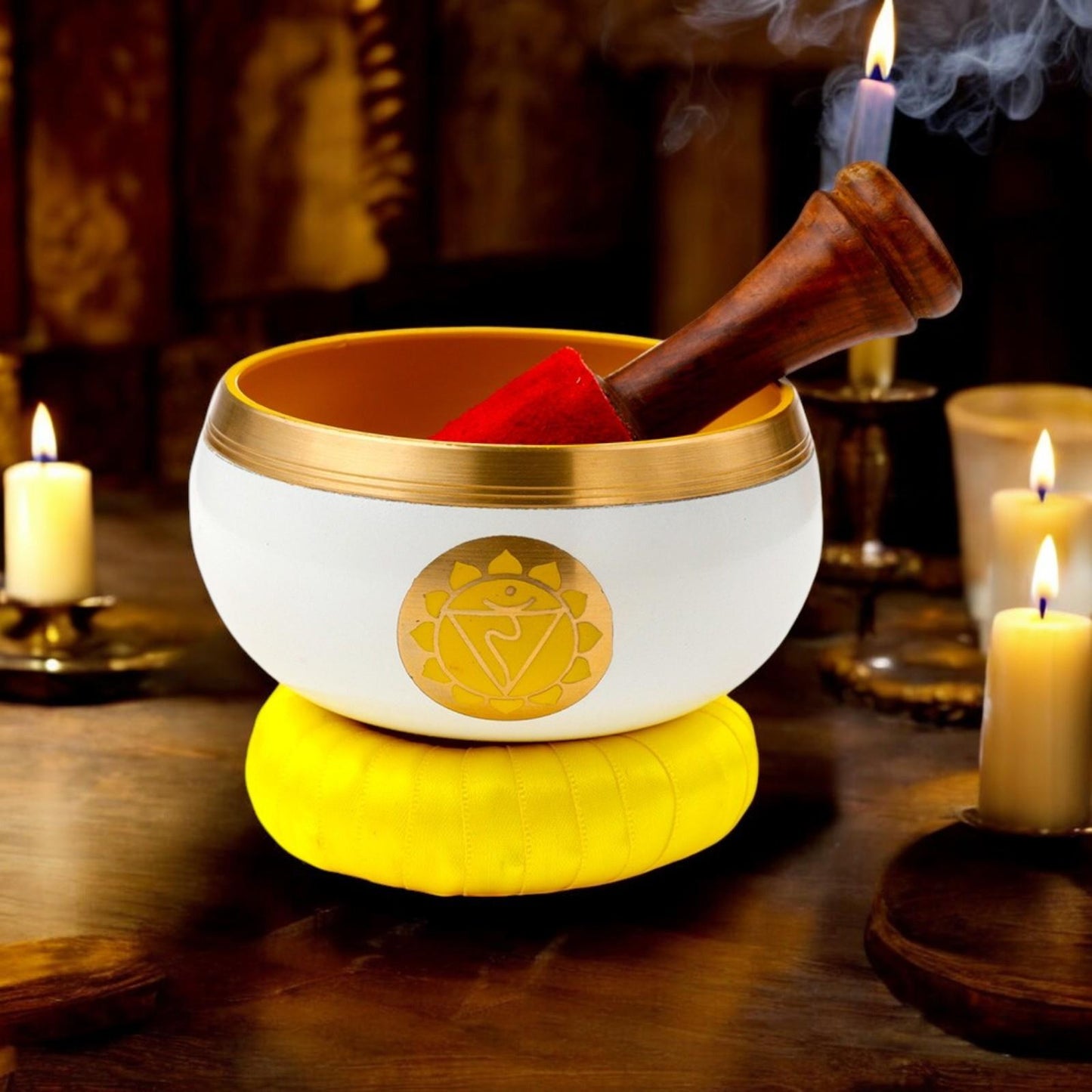 Yellow Chakra Singing Bowl Set – Meditation Sound Bowl with Mallet and Cushion