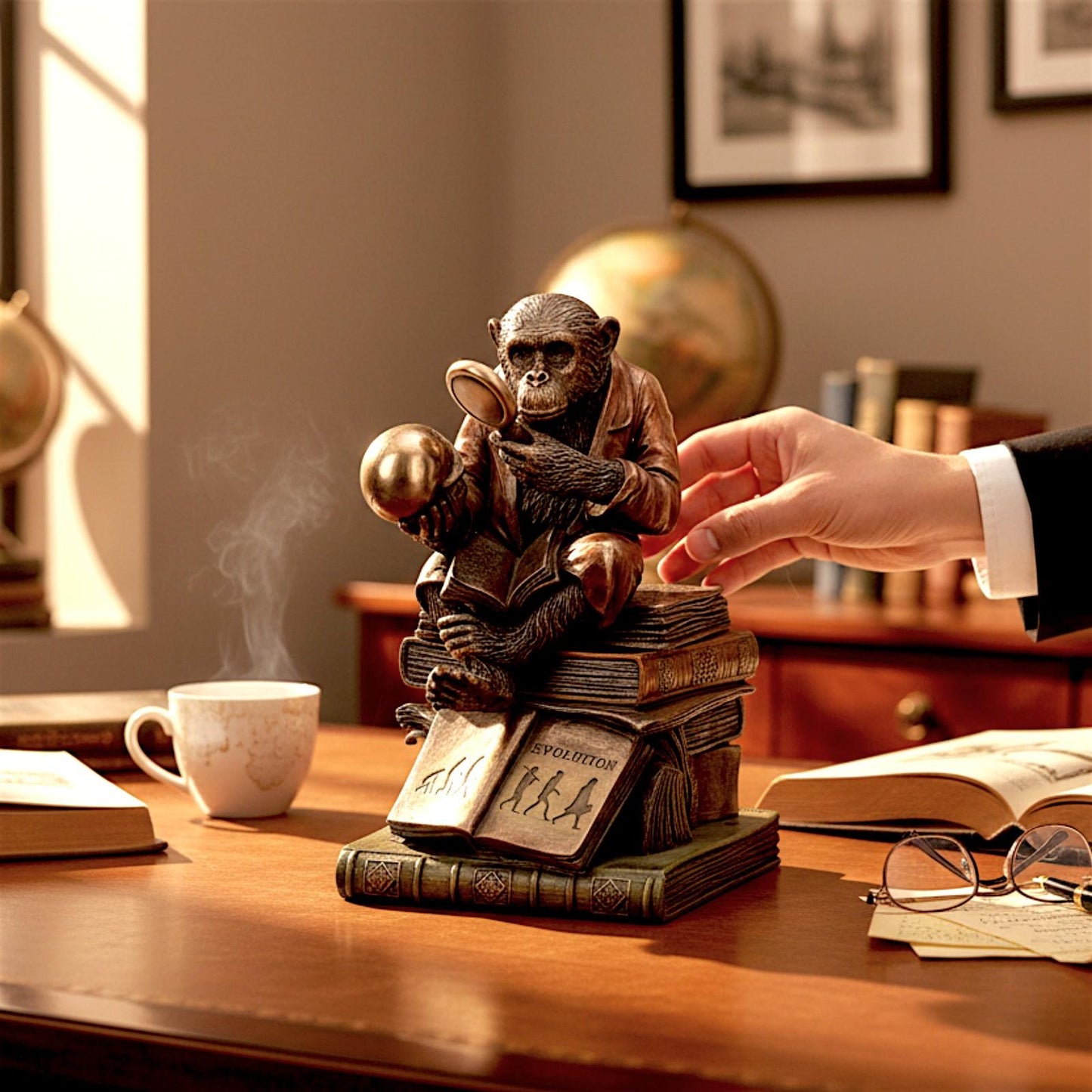 Evolution Theory Chimp Ornament Darwin Scholar Statue Bronze Scientific Display
