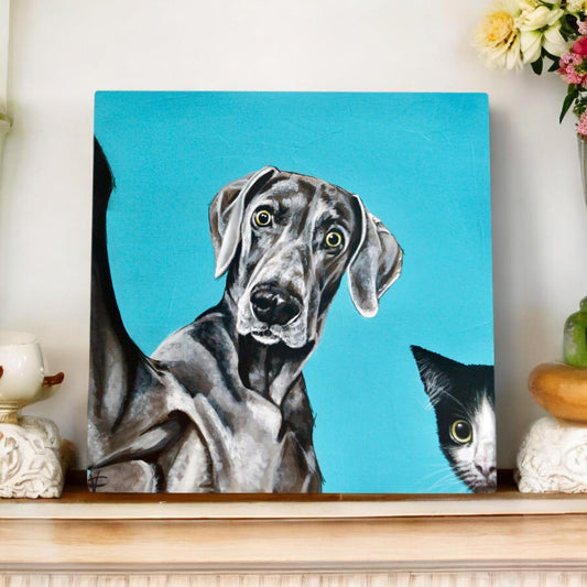 Selfie Ceramic Art Tile by Victoria Coleman 20x20 cm Cute Dog & Cat Design-Osiris Craftworks