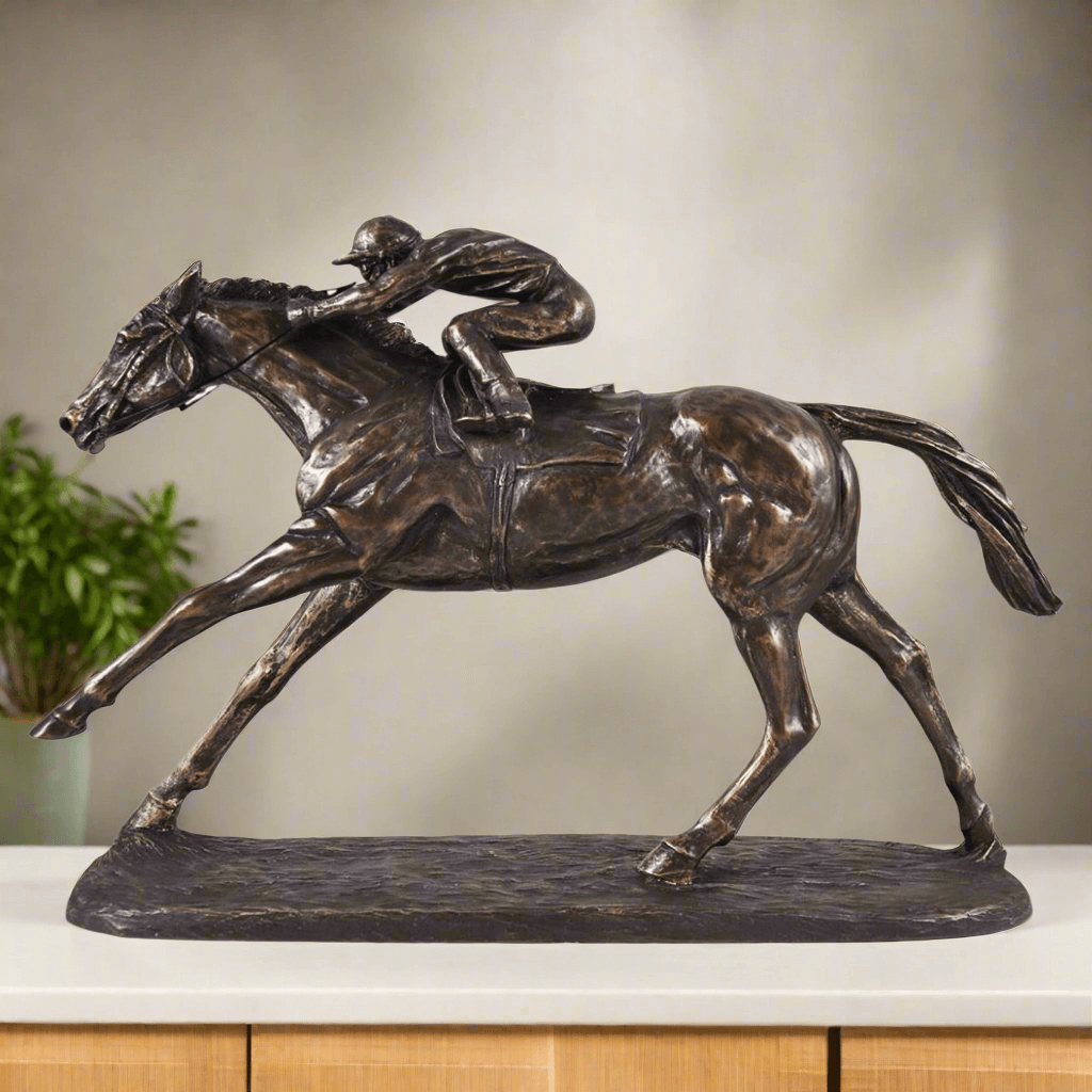 On The Flat Racing Horse Sculpture – Bronze Effect Horse Statue by Harriet Glen, 33.5 cm Elegant Racing Decor for Equestrian Lovers