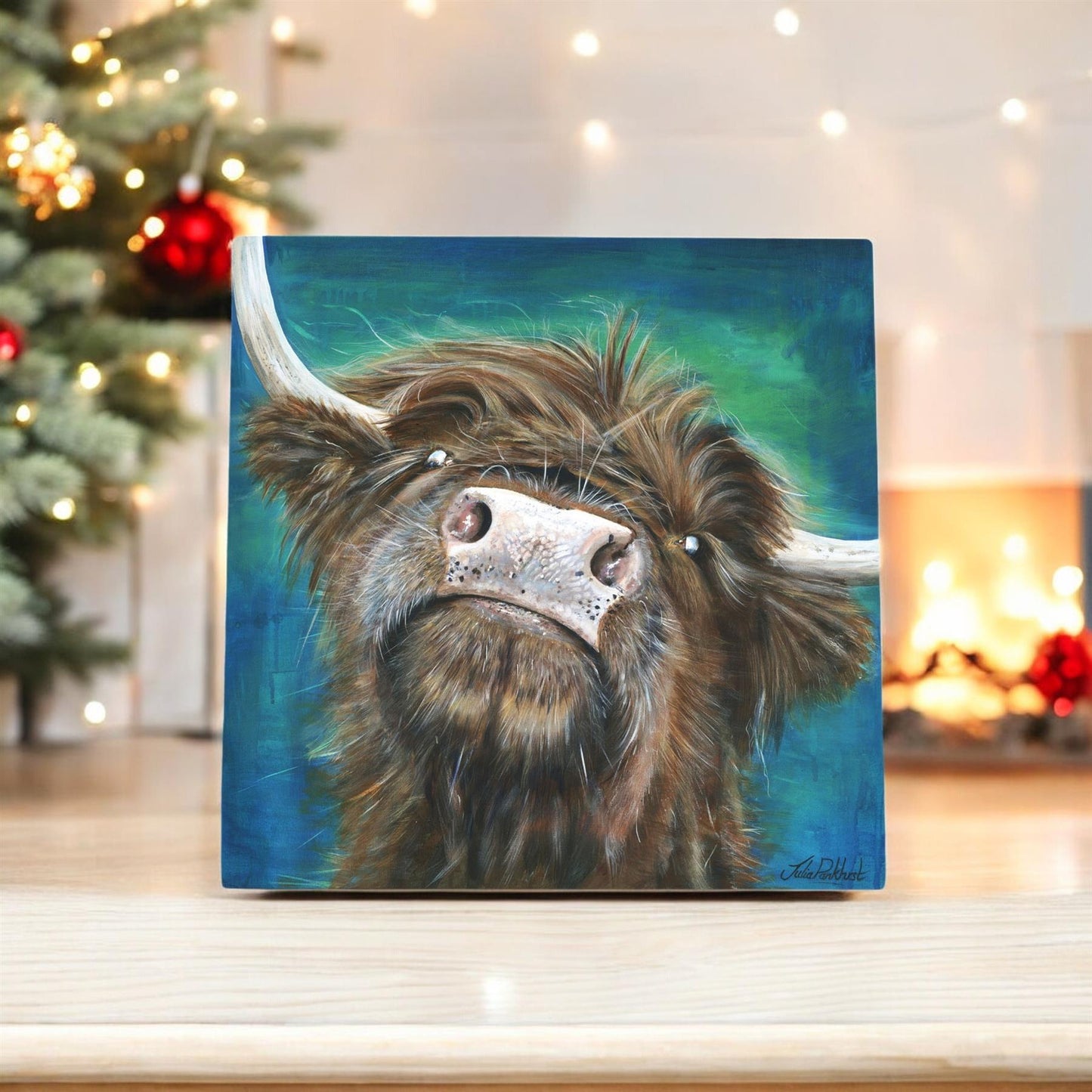 Flora Highland Cow Ceramic Art Tile by Pankhurst Gallery 20x20 cm Ready to Hang