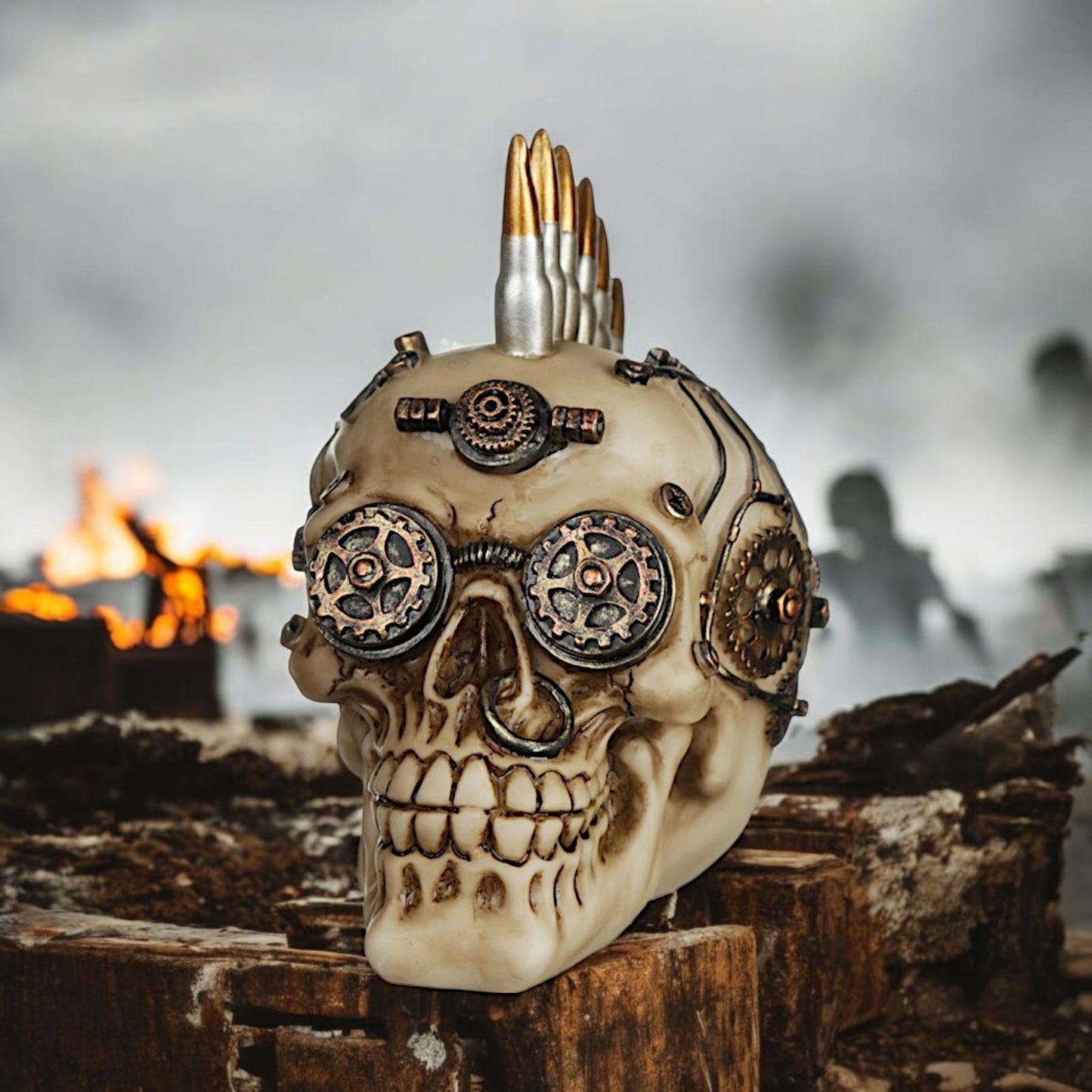 Steampunk Skull Ornament with Bullet Mohawk Gothic Fantasy Figurine Statue Decor