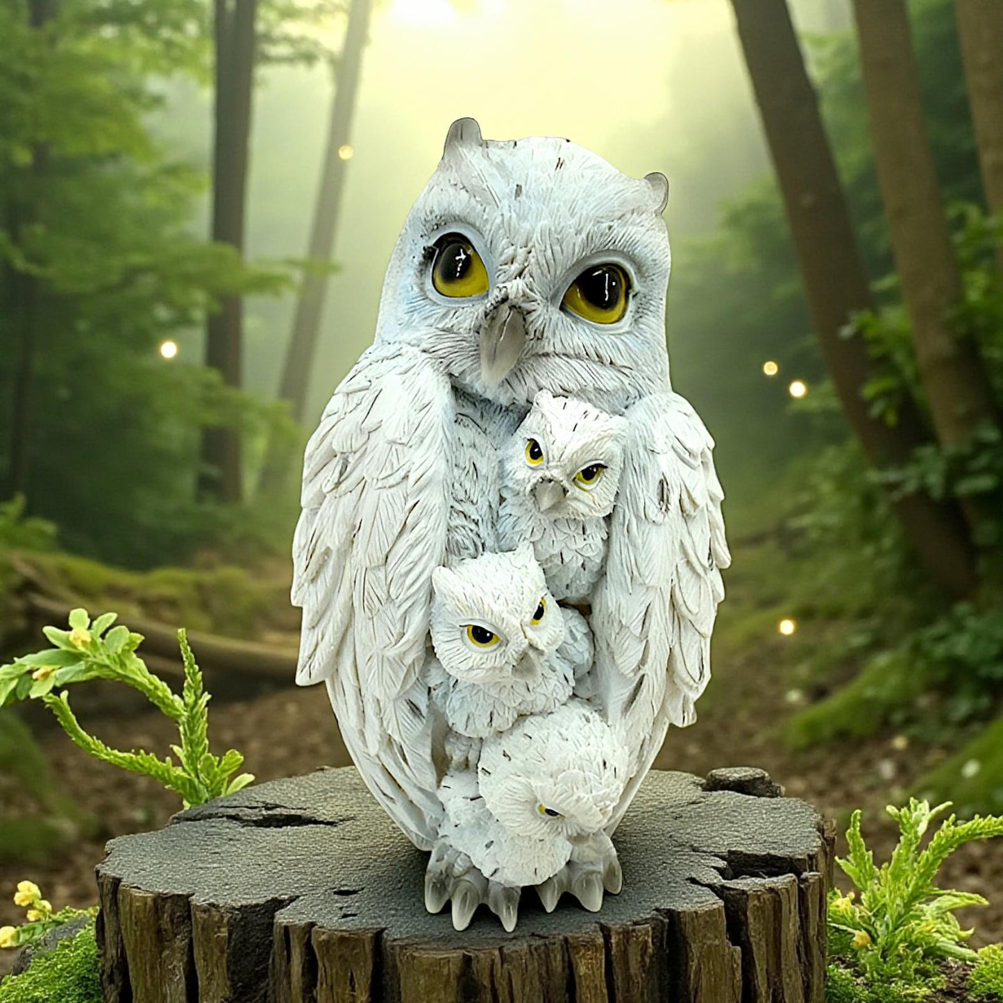 Whimsical Owl and Babies Figurine Woodland Wiccan Alter Statue Animal Lovers