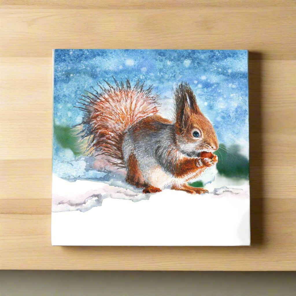 Enchanting Winter Squirrel Ceramic Picture Tile S. Jones Art 200 x 200 mm Wall Decor Adorable Squirrel Artwork Nature Lover Gift Winter Wonderland Tile