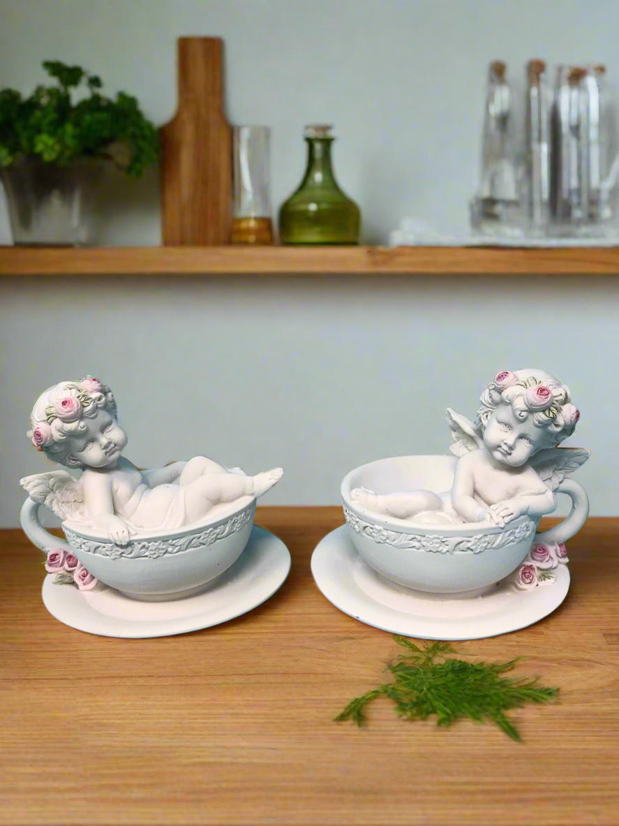 Pair of Guardian Angel Figurine Cherubs in Tea Cups Statue Ornament Sculpture