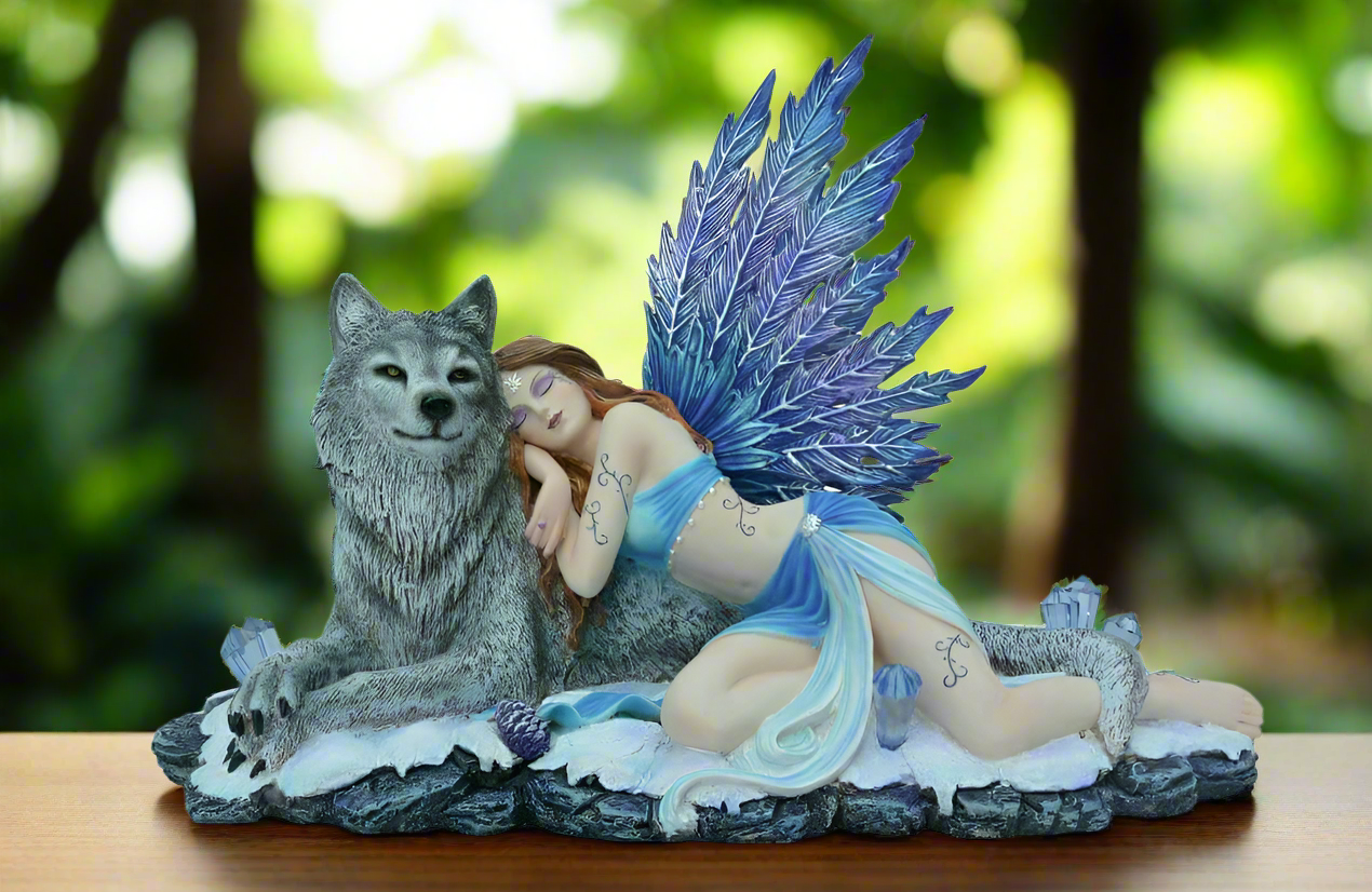 Large Fairy and Wolf Companion Sculpture Statue Mythical Creatures Figure Gift