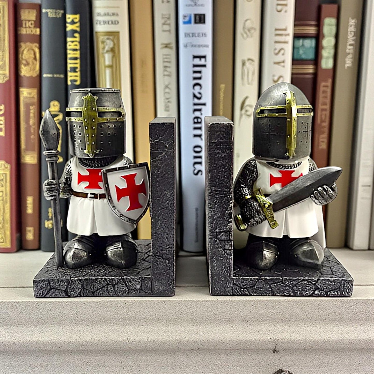 Templar Knight Bookend Set Medieval Warrior Crusader Gothic Library Decor