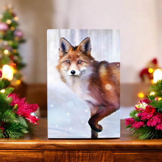 FOX IN SNOW FALL Ceramic Art Tile P.F. Johnson 30x20 cm | Wall Decor | Christmas Gift Box"