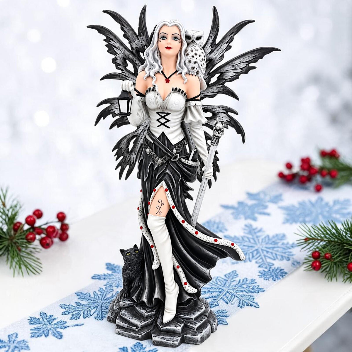 Gothic Winter Fairy Figurine Owl Black Cat Lantern Fantasy Statue Resin 31cm