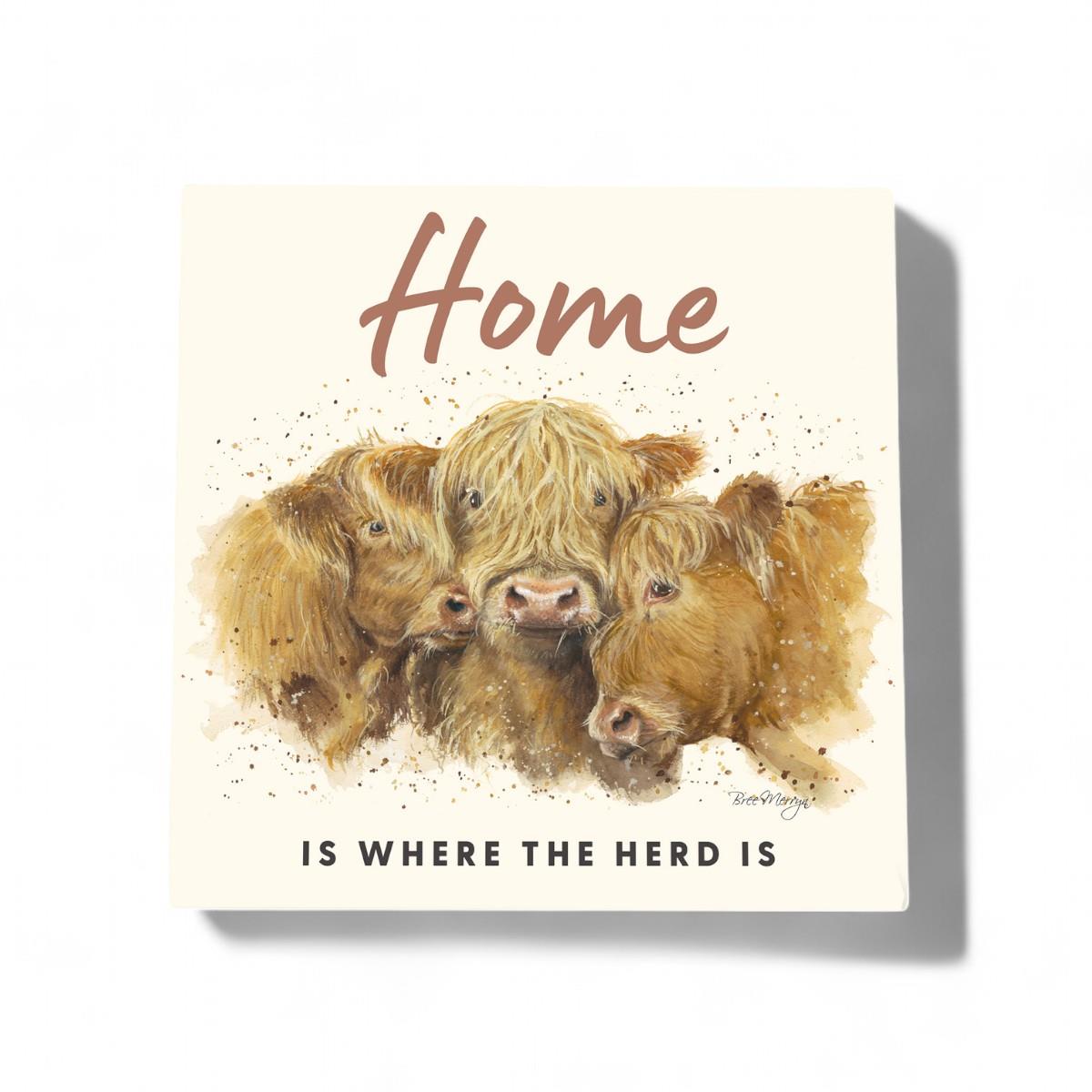 COW TRIO HOME Ceramic Art Tile by Bree Merryn, 20x20 cm – Highland Cattle Design, Ready to Hang, Unique Wall Decor